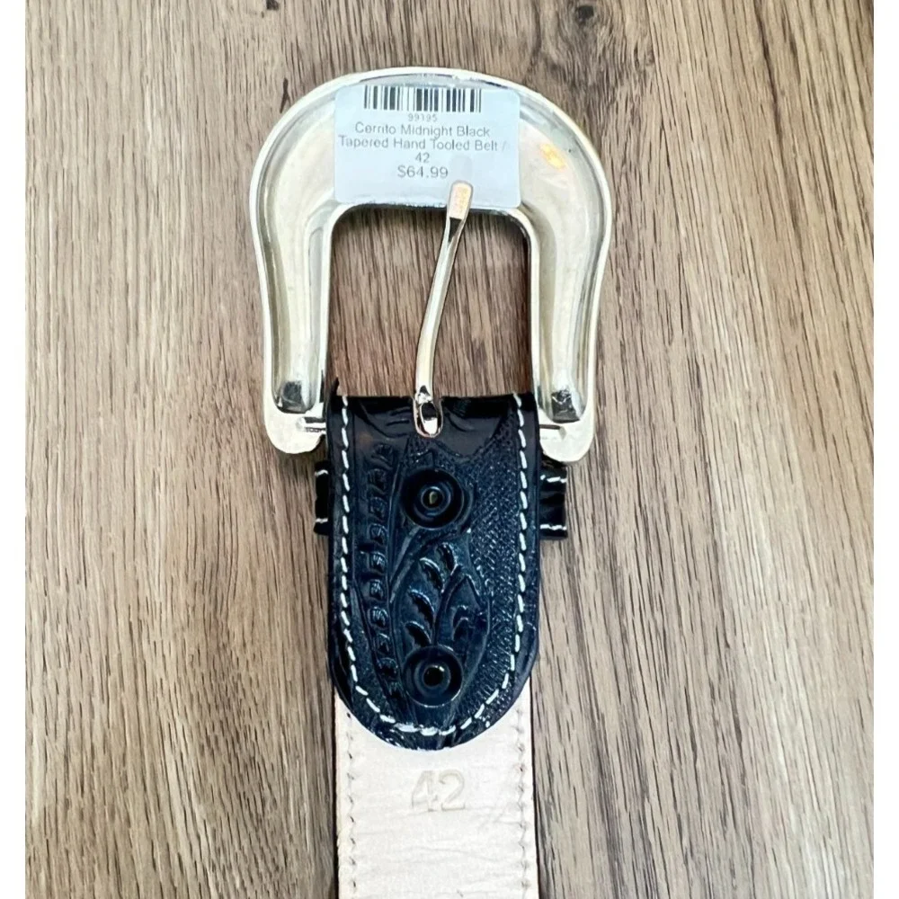 Cerrito Black Leather Belt 42 Embossed Floral Tooled Silver Tone Buckle Longhorn